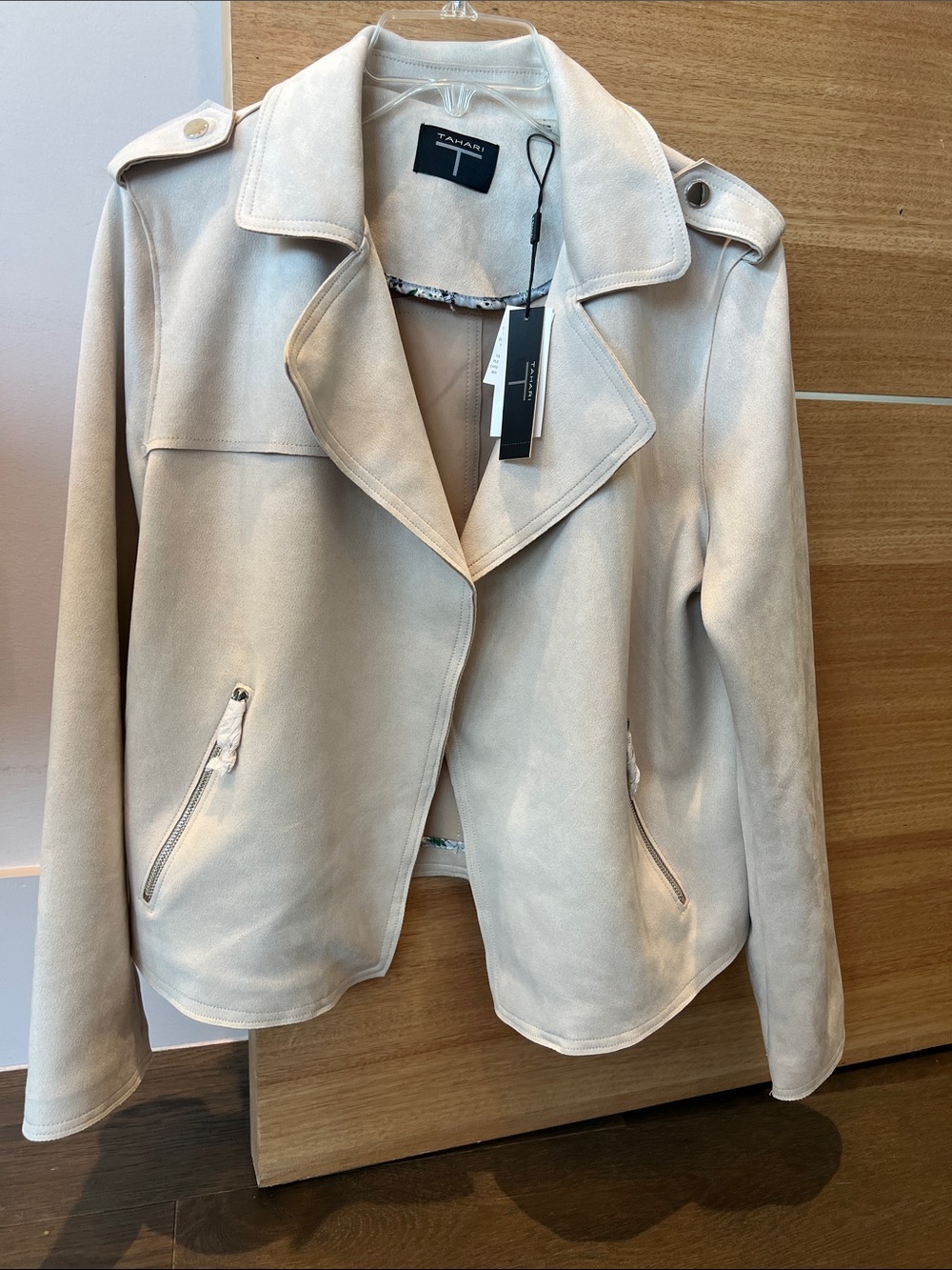 Tahari Light Beige Suede-look Moto Jacket